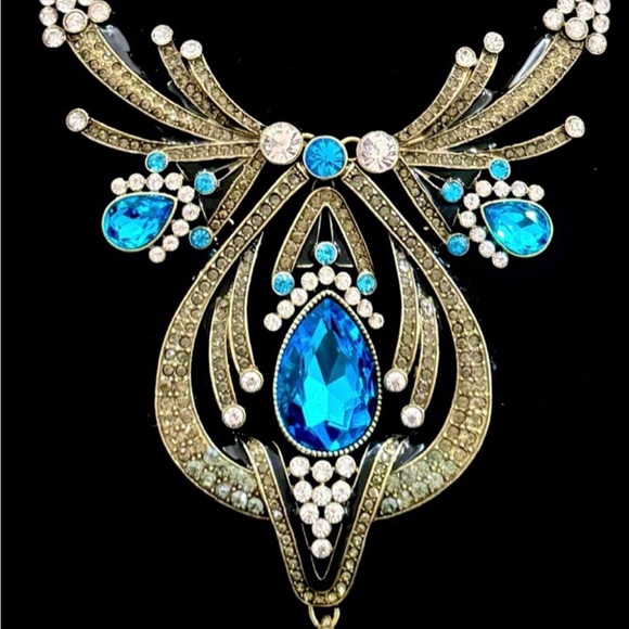 Heidi Daus “ Draped In Disco” Elegant Blue and Gold Necklace And Earrings SET - Picture 2 of 5